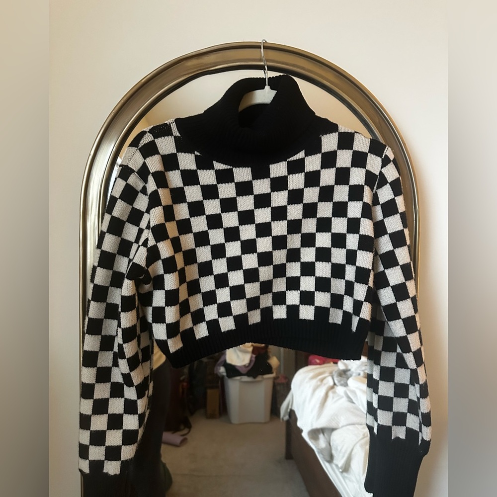 12th Tribe Checkered Cropped Turtleneck Sweater